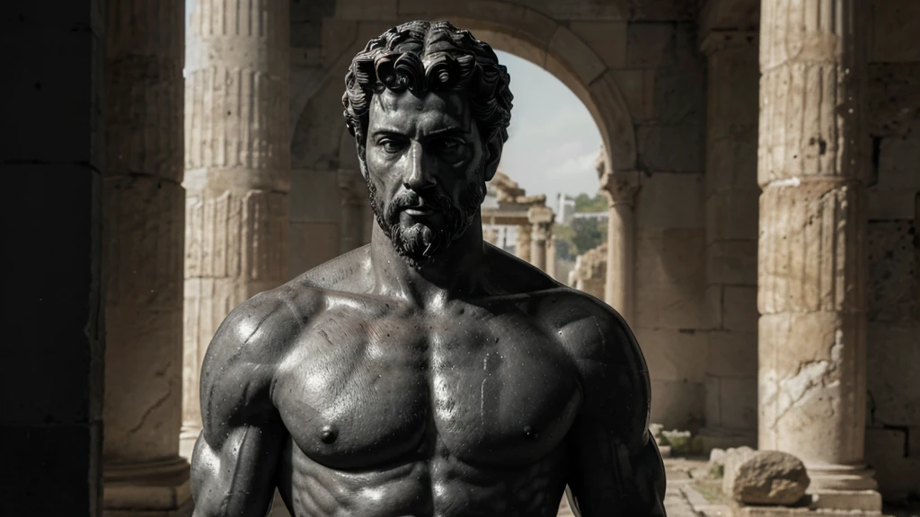 a portrait statue of the stoic Marcus Aurelius in black and white 4K, Super realistic ANCIENT GREEK RUINS, fully body, corpo stark, brawny, stark, wearing no shirt, tronco stark, stark, wearing no shirt, strong arms, 8K, ultra realisitic, cinematographic
