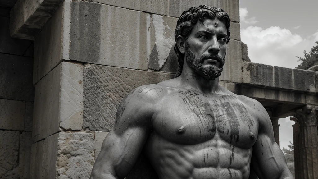 a portrait statue of the stoic Marcus Aurelius in black and white 4K, Super realistic ANCIENT GREEK RUINS, fully body, corpo stark, brawny, stark, wearing no shirt, tronco stark, stark, wearing no shirt, strong arms, 8K, ultra realisitic, cinematographic