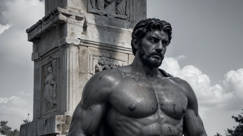 a portrait statue of the stoic Marcus Aurelius in black and white 4K, Super realistic ANCIENT GREEK RUINS, fully body, corpo stark, brawny, stark, wearing no shirt, tronco stark, stark, wearing no shirt, strong arms, 8K, ultra realisitic, cinematographic