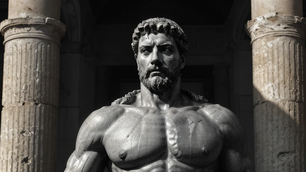a portrait statue of the stoic Marcus Aurelius in black and white 4K, Super realistic ANCIENT GREEK RUINS, fully body, corpo stark, brawny, stark, wearing no shirt, tronco stark, stark, wearing no shirt, strong arms, 8K, ultra realisitic, cinematographic