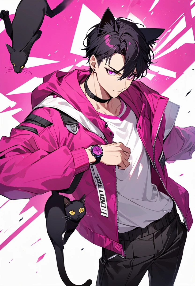 1man, short black hair, black cat ears, bright magenta eyes, wearing a magenta  jacket, wearing a white undershirt, wearing black pants , wearing one black and magenta watch, showing watch.