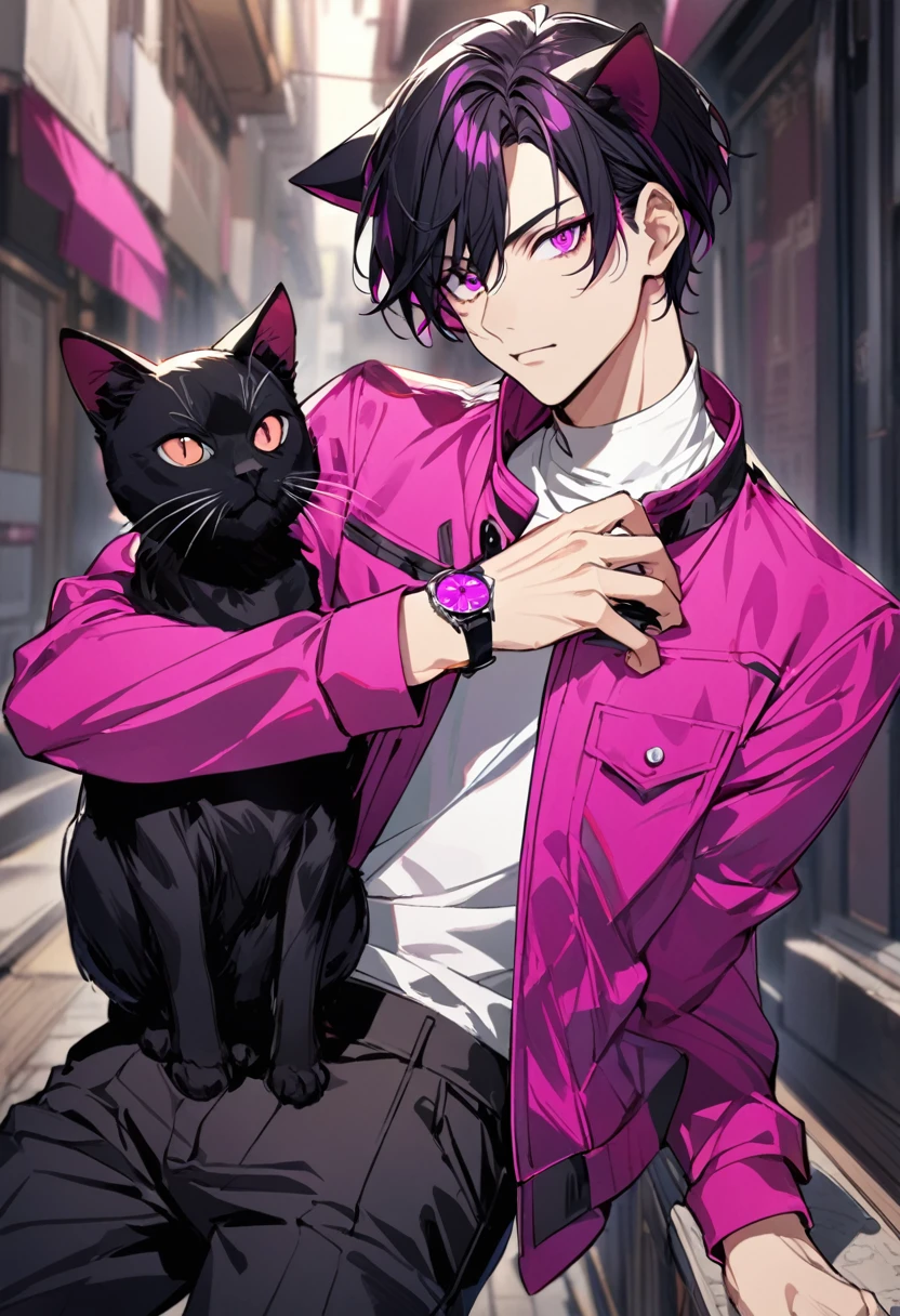 1man, short black hair, black cat ears, bright magenta eyes, wearing a magenta  jacket, wearing a white undershirt, wearing black pants , wearing one black and magenta watch, showing watch.