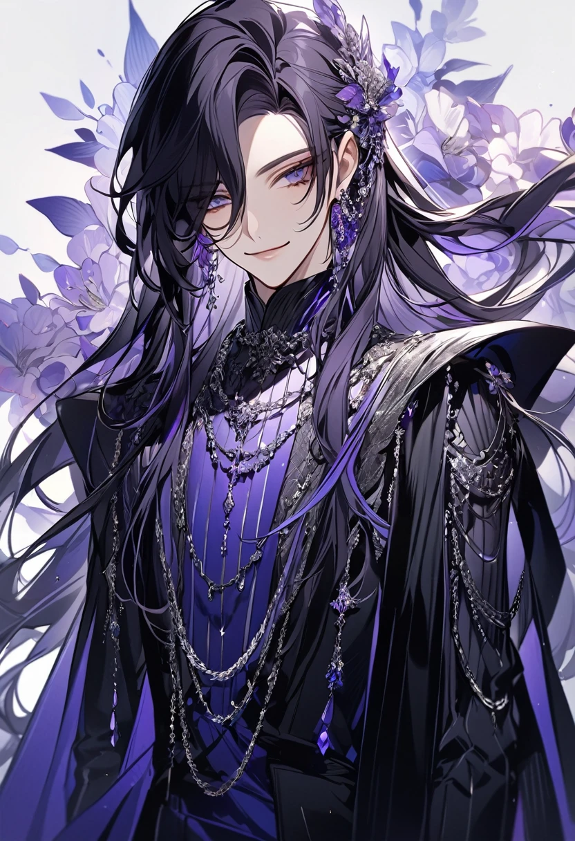 Feminine boy, soft womanish facial features, smile, squinted siren dark blue eyes without glare, silver and dark purple long loose hair with straight bang, fantasy black clothes with blue and purple elements, long black gloves, model, gorgeous, elegant, lots of silver jewelry, flowers in his hair, skinny body