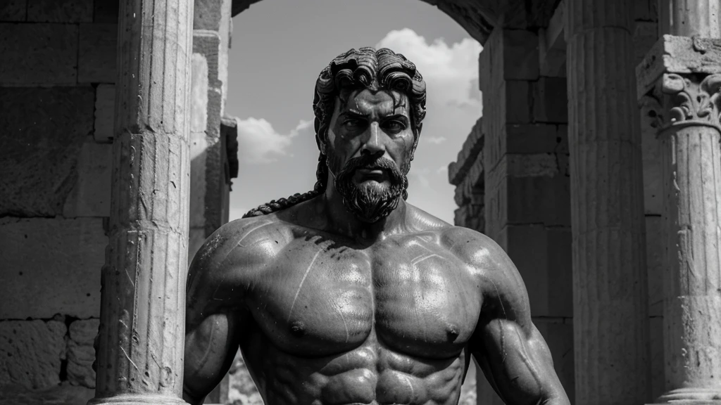 a portrait statue of the stoic Marcus Aurelius in black and white 4K, Super realistic ANCIENT GREEK RUINS, fully body, corpo stark, brawny, stark, wearing no shirt, tronco stark, stark, wearing no shirt, strong arms, 8K, ultra realisitic, cinematographic