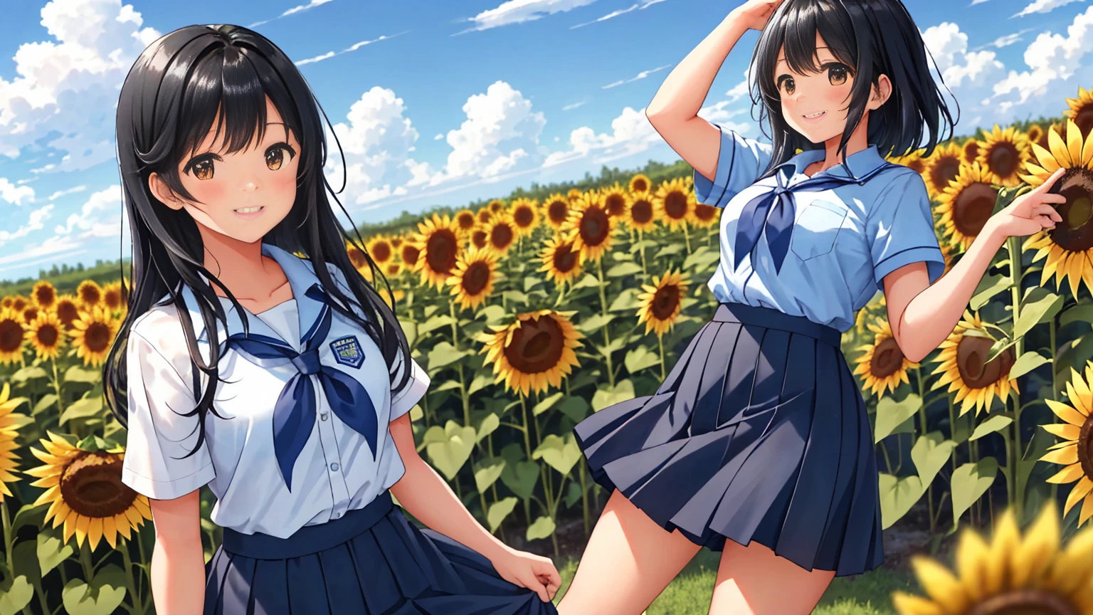 The background is a midsummer blue sky, cumulonimbus clouds and sunflowers.、In a large schoolyard, a high school girl is standing in a summer uniform with a checked skirt, looking up at the sky with a cute pose and a refreshing smile that exudes the atmosphere of youth.、Her long black hair is fluttering in the summer breeze.