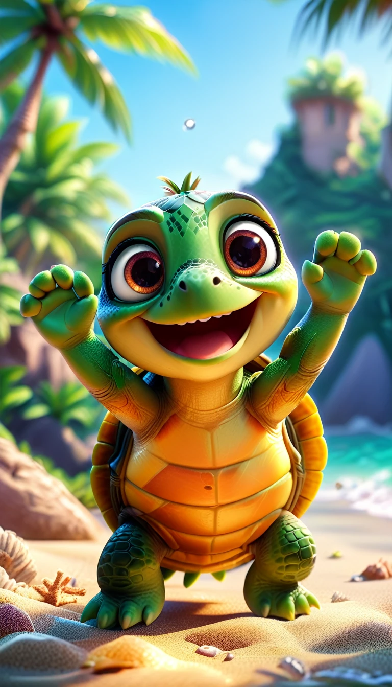 cute turtle, cartoon , arms, hands ,cute eyes, looking at viewer, arms up, beach background