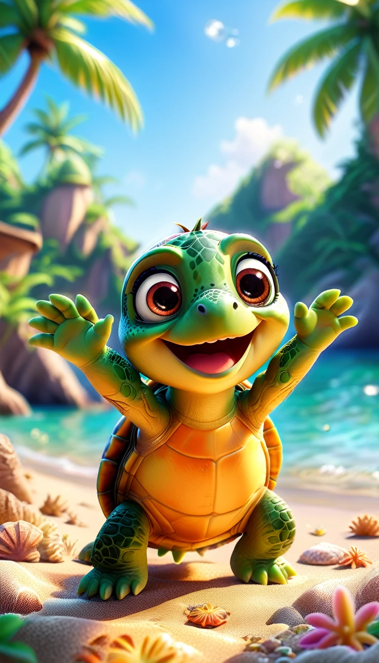 cute turtle, cartoon , arms, hands ,cute eyes, looking at viewer, arms up, beach background