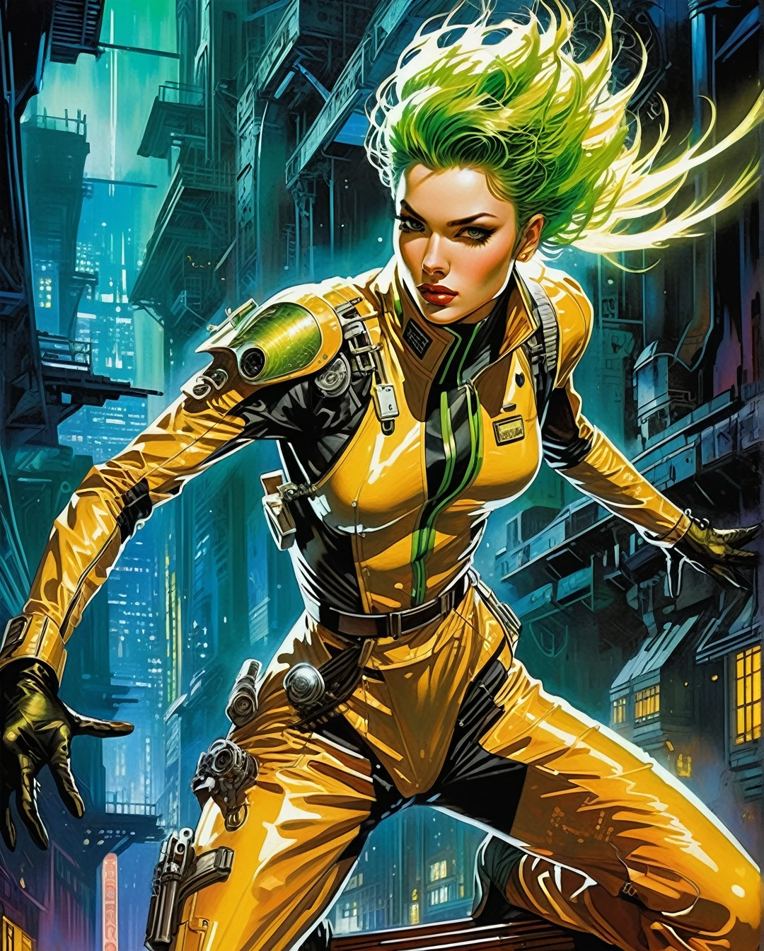 In a neon-lit cyberpunk space setting, a figure emerges clad in a sleek yellow jumpsuit, designed with a distinct art style reminiscent of Yoshiaki Kawajiri. The scene is portrayed in a vivid and elaborate digital painting, showcasing sharp edges and dynamic colors. The jumpsuit gleams with metallic sheen, accentuating the mysterious allure of the character. Every detail, from the sleek contours to the intricate patterns, contributes to the image's captivating and high-quality execution, drawing viewers into a futuristic world of intrigue and sophistication.,., cyberpunk, synthwave, 1980s, futurism, brutalism, neuromancer, cinematic photo in Hogwarts, art by Masamune Shirow, art by J.C. Leyendecker,detailed hair, short hair, green hair