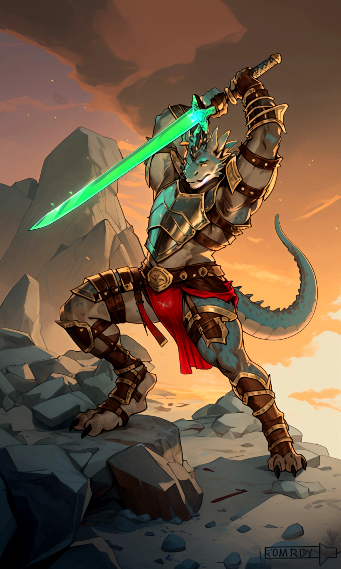Solo Sexy young anthro scalie dragon male mercenary medieval solider, slim endomorph muscular, anthro handsome gay shorter muzzle, handsome gay model male apperance, sword scars, worn out leather skimpy armament, low on hips heavy leather belt, old very worn out skimpy dirty linen material jockstrap, old yellow dirty worn out stains on white sawn jockstrap, very visible "x" brown seam pattern on the jockstrap, studded skimpy armlets breastplate armor, skimpy breastplate, leather bondages, fingerless leather gloves, smelly unwashed husk, dirty body look, desert battlefield, standing in sexy fighting position, close view of full character