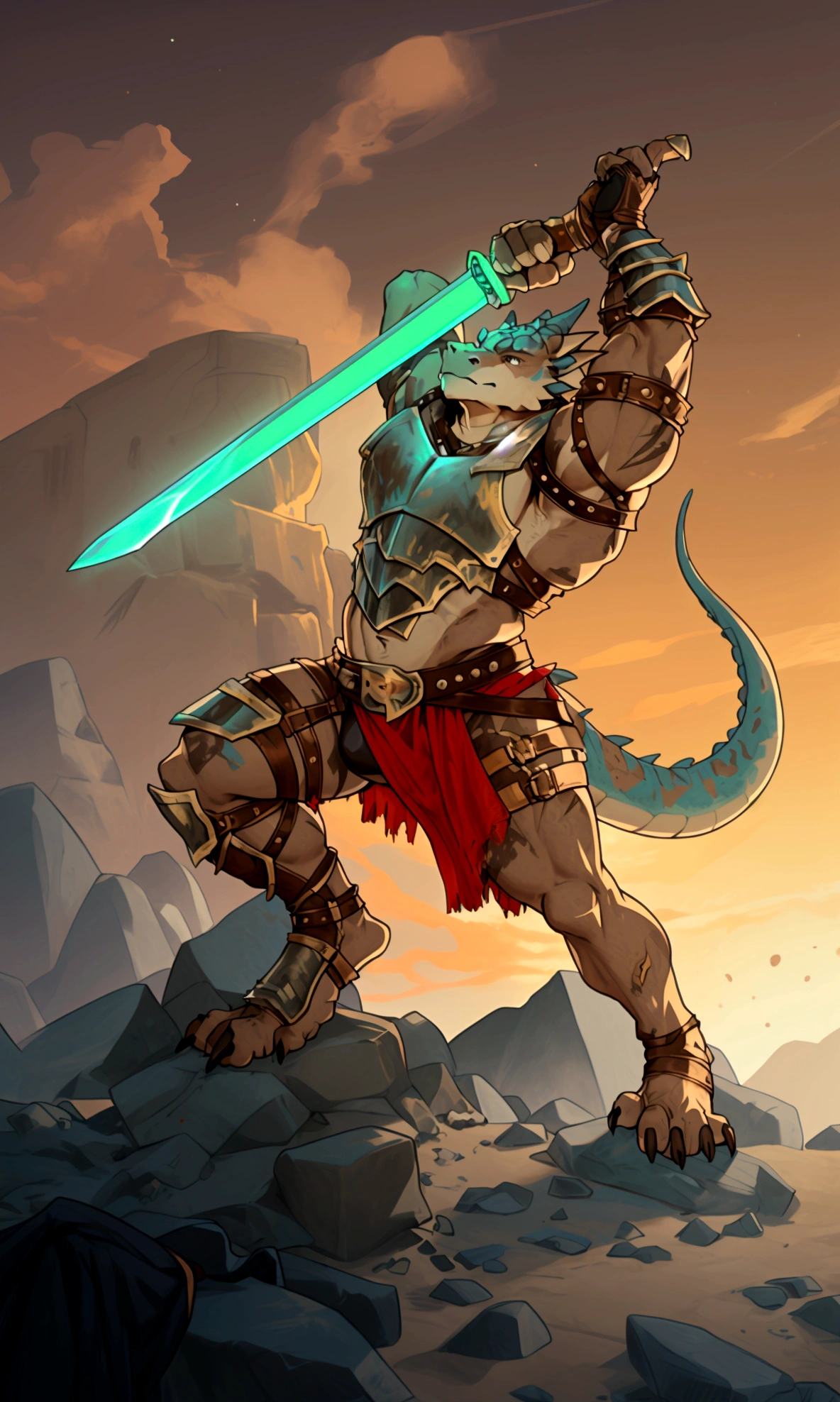 Solo Sexy young anthro scalie dragon male mercenary medieval solider, slim endomorph muscular, anthro handsome gay shorter muzzle, handsome gay model male apperance, sword scars, worn out leather skimpy armament, low on hips heavy leather belt, old very worn out skimpy dirty linen material jockstrap, old yellow dirty worn out stains on white sawn jockstrap, very visible "x" brown seam pattern on the jockstrap, studded skimpy armlets breastplate armor, skimpy breastplate, leather bondages, fingerless leather gloves, smelly unwashed husk, dirty body look, desert battlefield, standing in sexy fighting position, close view of full character