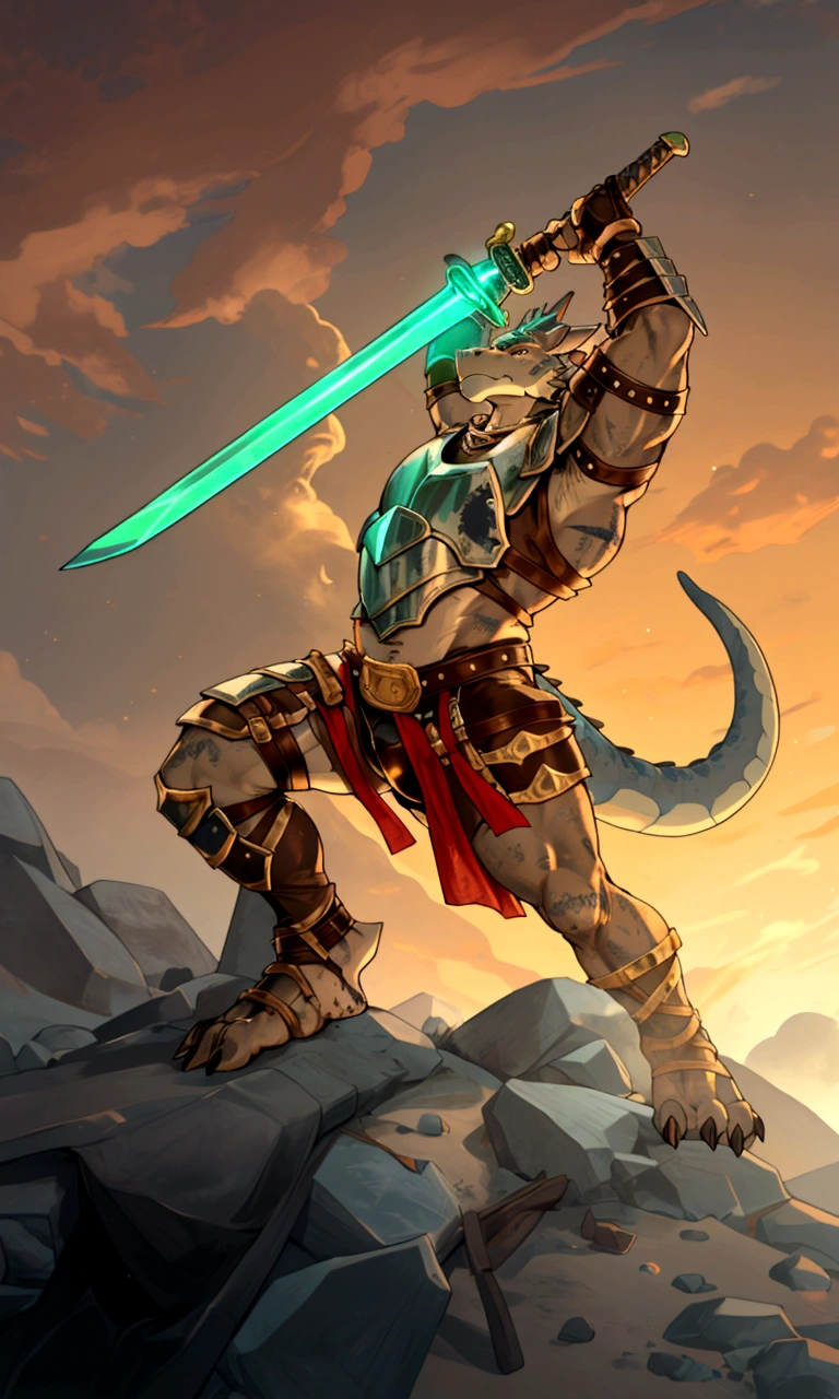 Solo Sexy young anthro scalie dragon male mercenary medieval solider, slim endomorph muscular, anthro handsome gay shorter muzzle, handsome gay model male apperance, sword scars, worn out leather skimpy armament, low on hips heavy leather belt, old very worn out skimpy dirty linen material jockstrap, old yellow dirty worn out stains on white sawn jockstrap, very visible "x" brown seam pattern on the jockstrap, studded skimpy armlets breastplate armor, skimpy breastplate, leather bondages, fingerless leather gloves, smelly unwashed husk, dirty body look, desert battlefield, standing in sexy fighting position, close view of full character