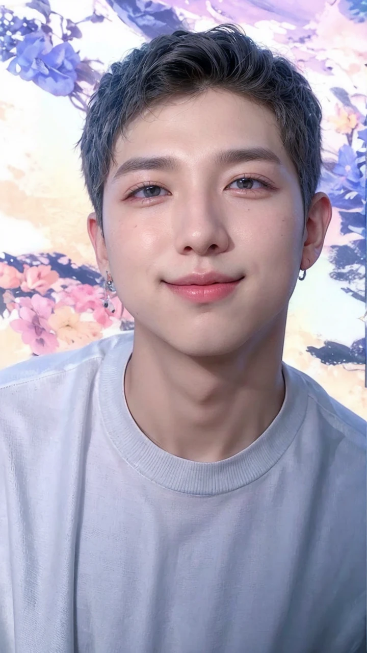 Kim Namjoon BTS member korean eyes white shirt silver chain necklace with silver dagger pendant amber eyes dimples on cheeks