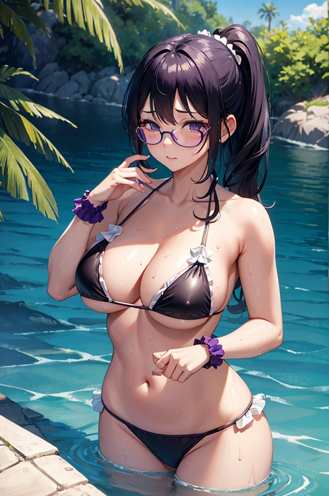 masterpiece,Big Breasts,beauty,Purple glasses.Black Hair,Side Ponytail,White ruffle bikini,Shy,Wet