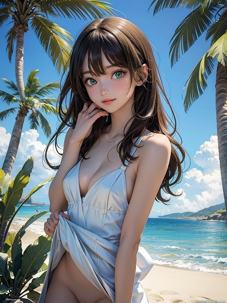 masterpiece, rich colors, Best quality, detailed, high resolution, Hyper quality, high detail, , high quality, detailing, skinny sexy girl on the beach , bright lighting , green eyes, Anime, palm trees, bright lighting,