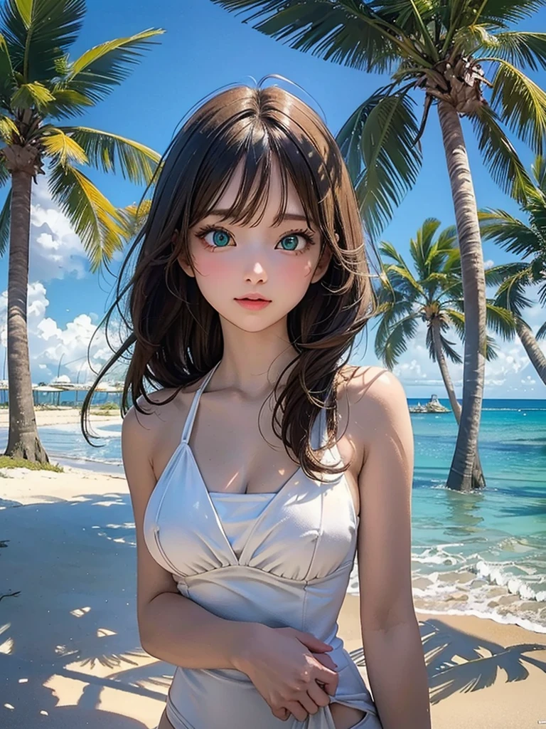 masterpiece, rich colors, Best quality, detailed, high resolution, Hyper quality, high detail, , high quality, detailing, skinny sexy girl on the beach , bright lighting , green eyes, Anime, palm trees, bright lighting,