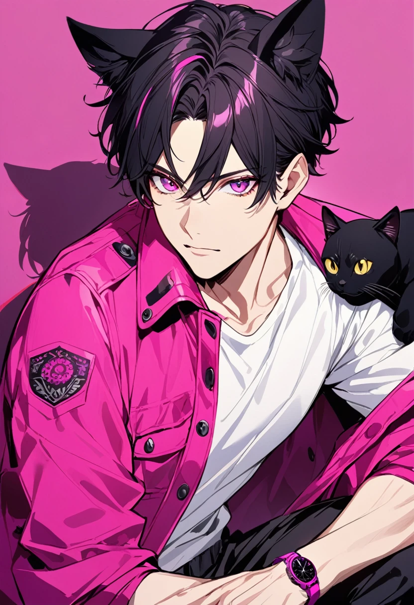 1man, short black hair, black cat ears, bright magenta eyes, wearing a magenta  jacket, wearing a white undershirt, wearing black pants , wearing one black and magenta watch, showing watch.