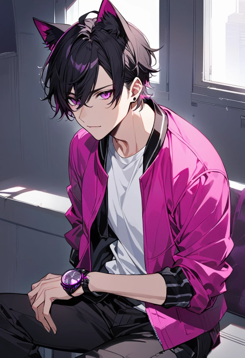 1man, short black hair, black cat ears, bright magenta eyes, wearing a magenta  jacket, wearing a white undershirt, wearing black pants , wearing one black and magenta watch, showing watch.