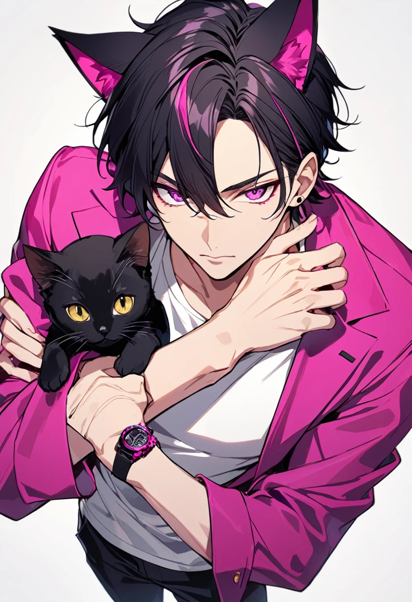 1man, short black hair, black cat ears, bright magenta eyes, wearing a magenta jacket, wearing a white undershirt, wearing black pants , wearing one black and magenta watch, showing watch.