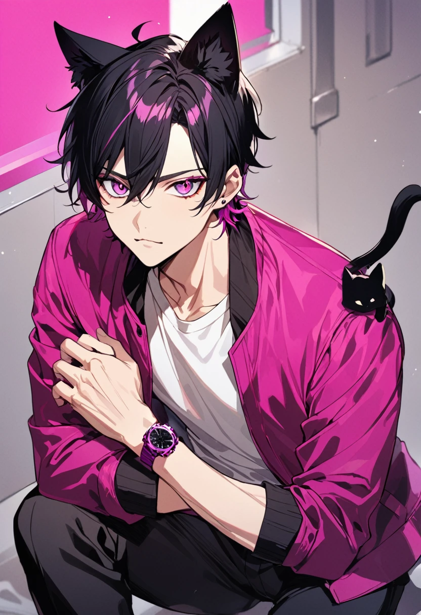 1man, short black hair, black cat ears, bright magenta eyes, wearing a magenta jacket, wearing a white undershirt, wearing black pants , wearing one black and magenta watch, showing watch.
