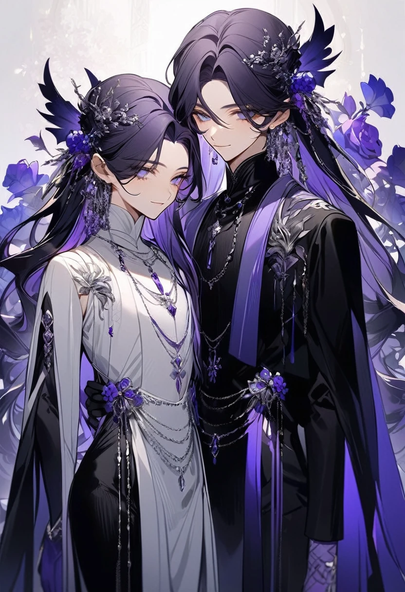 Feminine boy, soft womanish facial features, smile, squinted siren dark blue eyes without glare, silver and dark purple long loose hair with straight bang, fantasy black clothes with blue and purple elements, long black gloves, model, gorgeous, elegant, lots of silver jewelry, flowers in his hair, skinny body