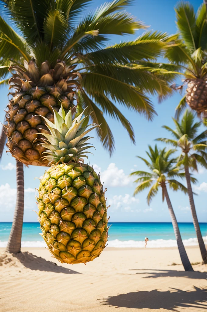 Fruit running from a pineapple on the beach Disney pixar style 