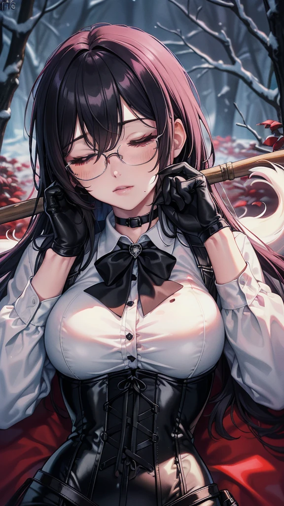 ((blood droplets)), ((blood)), ((blood splatter)), ((blood on clothes)), ((blood stain)), Masterpiece, Beautiful art, professional artist, 8k, art style by sciamano240, Very detailed face, Detailed clothing, detailed fabric, 1 girl, View from above, lying completely on the ground, perfectly drawn body, dead expression, lifeless, pale skin, beautiful face, long black fur, Closed eyes, pink cheeks, glasses, choker:1.6, (white collar button down long sleeve shirt), black gloves, gloves that cover hands, (holding an ax in his right hand), (black leather corset), (shiny black leggings), Sensual Lips , evening de invierno, Dark road, Snowy forest, evening, Atmosphere, snow