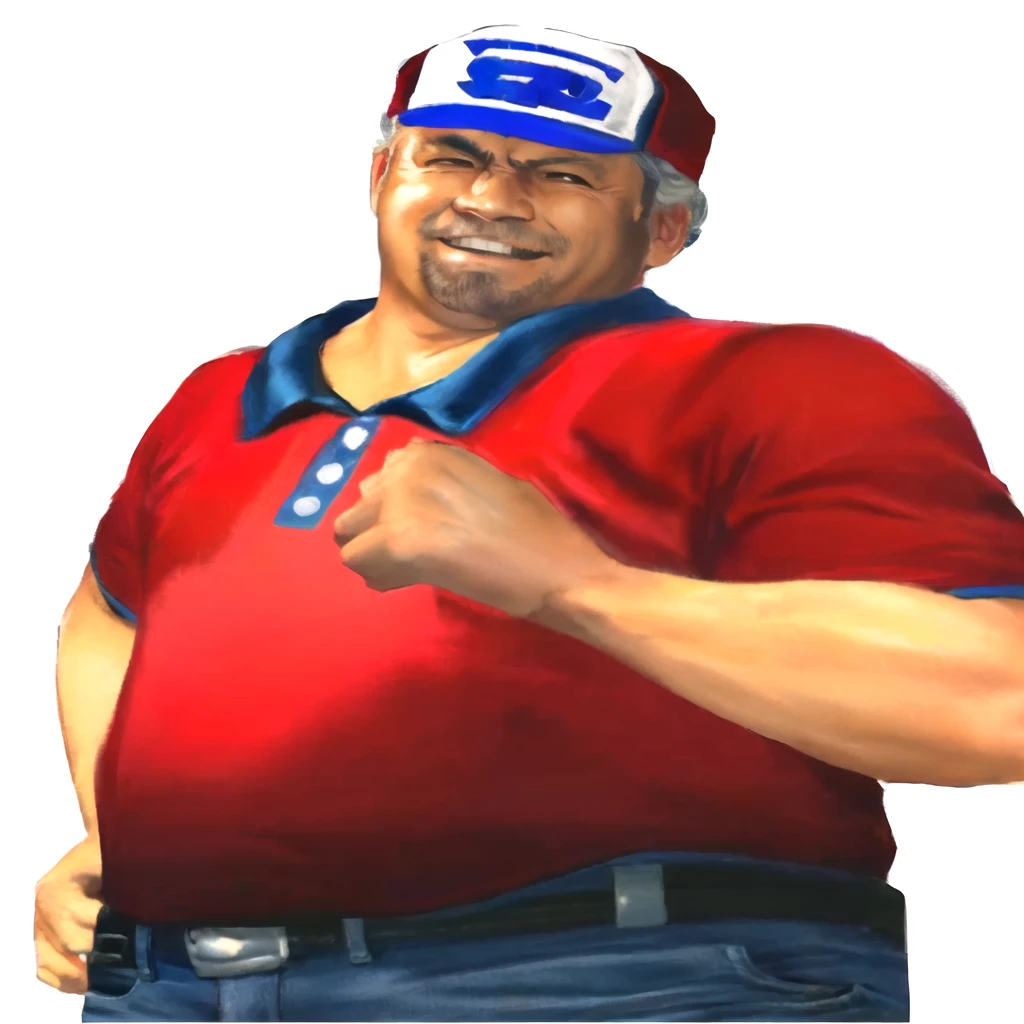 a close up of a man wearing a red shirt and blue jeans, as a character in tekken, beefy, portrait of hide the pain harold, toshiro mifune with a goatee, Out Run 2 flagman, 2 k, 2k, muscular bernie sanders, buff man, character from king of fighters, robust stocky body, hide the pain harold, name of character is flagman, wise smiling face, his cap has a SEGA logo on it