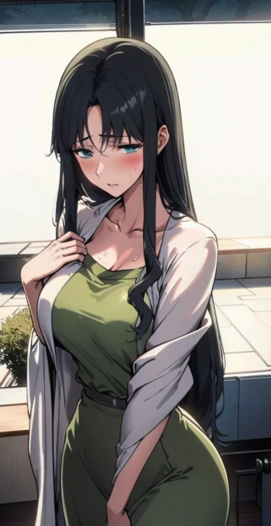 Tōsaka Aoi from "Fate/Zero" standing in a doorway. She has long, straight black hair and a gentle expression. She is wearing a long-sleeved light green dress with a bow at the collar and a white shawl draped over her shoulders. Her hair is slightly damp, indicating she might have been sweating. She is holding the door handle with her left hand, and the door is slightly ajar. The setting is an indoor space, and the lighting is soft, emphasizing her calm and approachable demeanor.