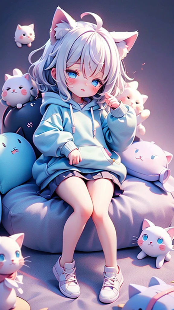 Little beautiful girl，Cat ear，Long white hair，Light blue eyes，cute, young, small limbs, short fingers, Wearing an oversized hoodie，sleeping，