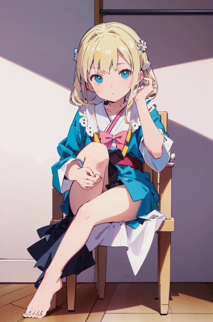 ((masterpiece))((Highest quality))Sitting in a chair、Blonde twin tails、(So that your whole body can be seen)、Directly in front、No background、(Put your feet on the ground)