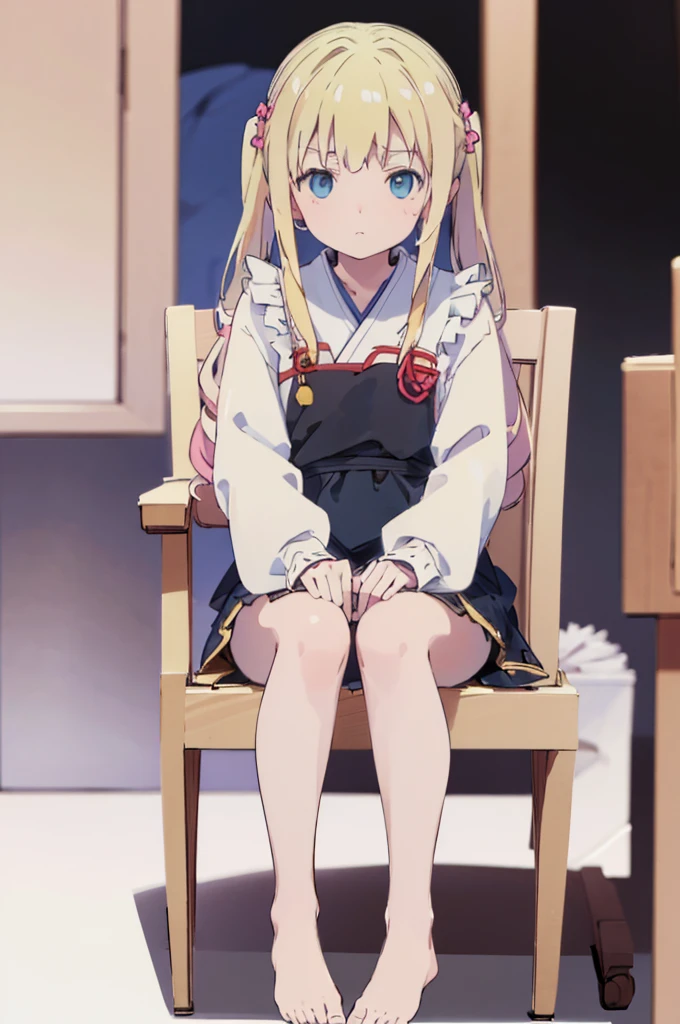 ((masterpiece))((Highest quality))Sitting in a chair、Blonde twin tails、(So that your whole body can be seen)、Directly in front、No background、(Put your feet on the ground)