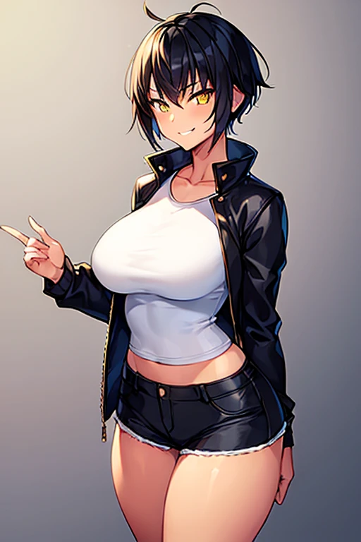 1girl, spiked hair, very short hair, yellow eyes, tan, tan skin, tan-skinned female, black hair, pixie cut, large breasts, hourglass figure, thick thighs, smile, smirk, smug, toned, white shirt, jacket, sneakers, black jacket, shirt, short pants, shorts, standing, full body