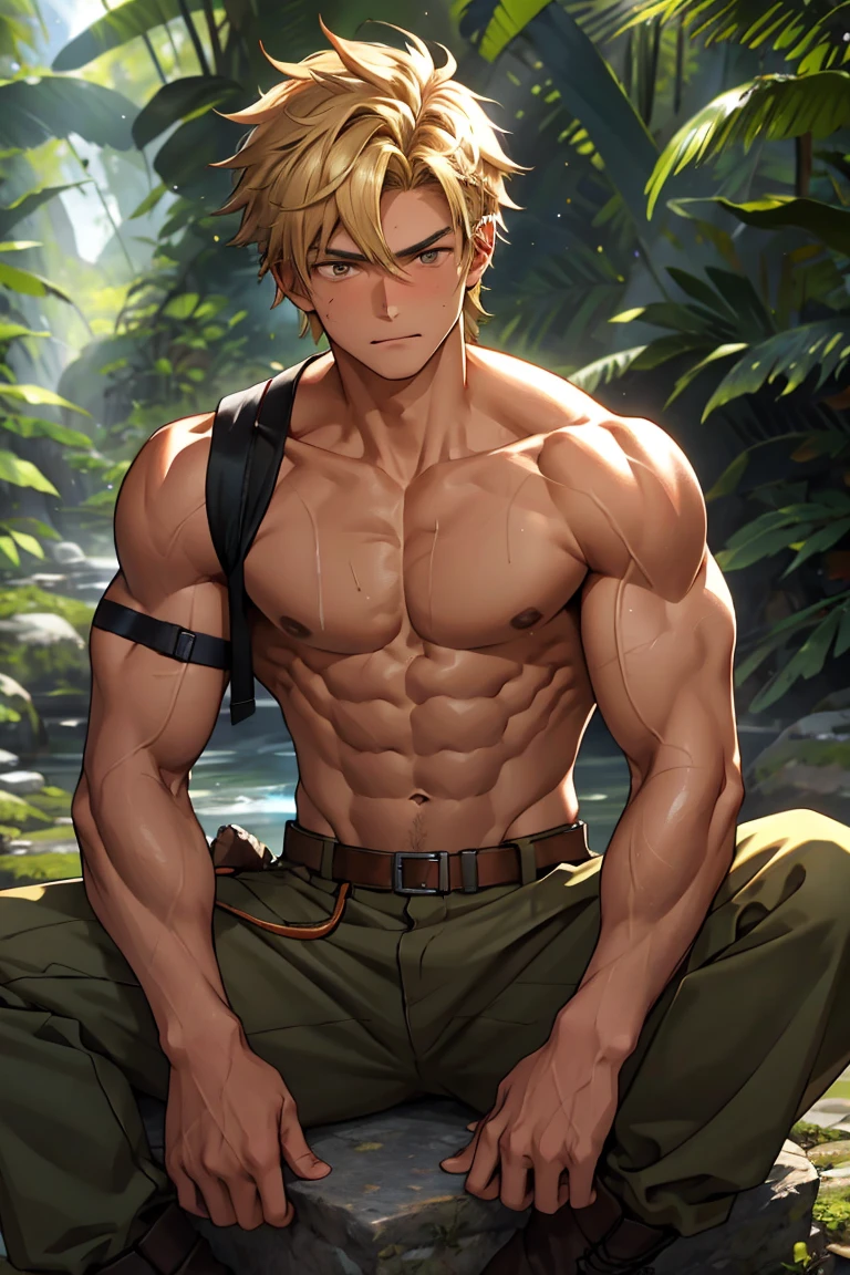 (masterpiece, Best quality 12 year old boy，Shota), 1 boy, young,lean muscles，Slightly modify the abdominal contour，lose weight，lean muscles feel, Short blonde hair, wearing a cowboy hat，brown eyes, complicated, Rainforest, Muscles sparkle in the sun，Topless，Wearing khaki adventure pants，outdoor adventure boots,pained expression，bite lip， bright colors,(depth of field:1.2),looking at the audience, sit on stone