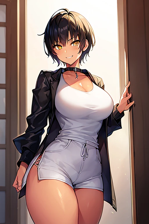 1girl, spiked hair, very short hair, yellow eyes, tan, tan skin, tan-skinned female, black hair, pixie cut, large breasts, hourglass figure, thick thighs, smile, smirk, smug, toned, white shirt, jacket, sneakers, black jacket, shirt, short pants, shorts, standing, full body