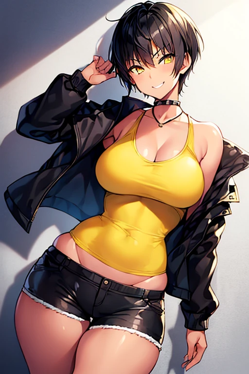 1girl, spiked hair, very short hair, yellow eyes, tan, tan skin, tan-skinned female, black hair, pixie cut, large breasts, hourglass figure, thick thighs, smile, smirk, smug, toned, white shirt, jacket, sneakers, black jacket, shirt, short pants, shorts, standing, full body