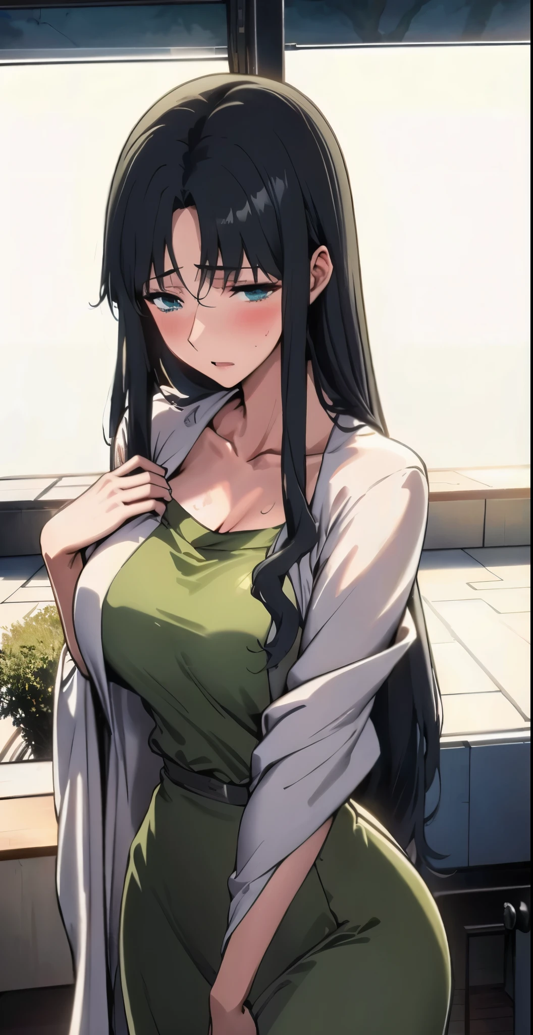 1girl, mature women,perfect ,black hair, long hair, (hair over one eye:1.4), messy hair, hair between eyes,plump, saggy breast, pajama, cute shy blush on , bedroom