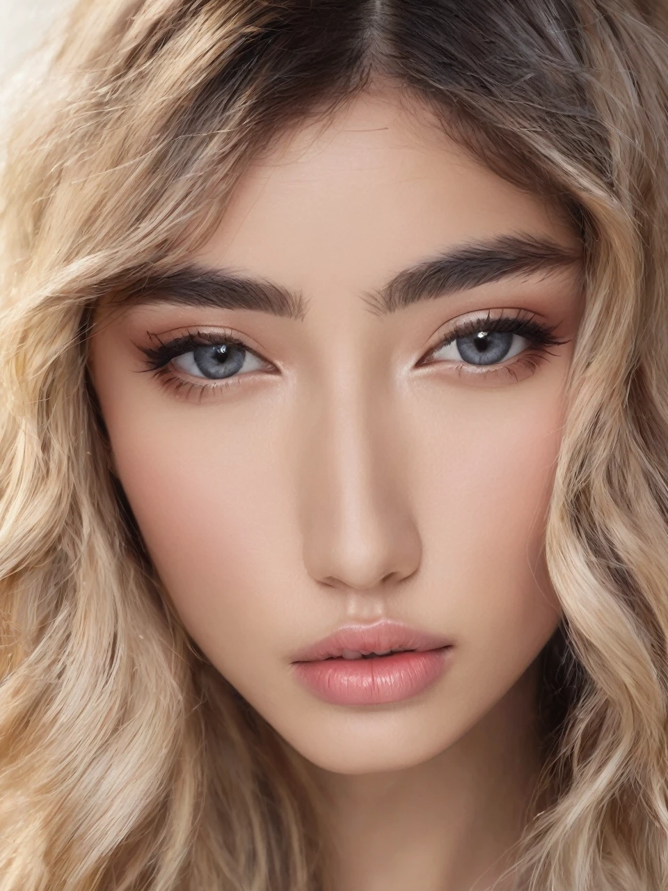 generate woman with slanted eyes heart-shaped mouth round face full eyebrows long, straight, medium-wavy hair of small size dimples on the cheek on the right side and a mole below the eyes on the left side