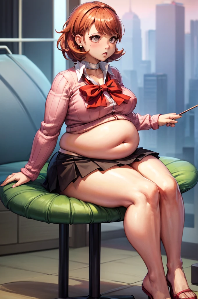 (masterpiece, best quality, highres, absurdres), 1girl, big belly, chubby arms, thighs, art by kipteitei, takebadef, uniform, pink cardigan, bow, skirt, choker, earrings, chubby, embarrassed, flushed, sitting down with legs together, poking belly, tight shirt