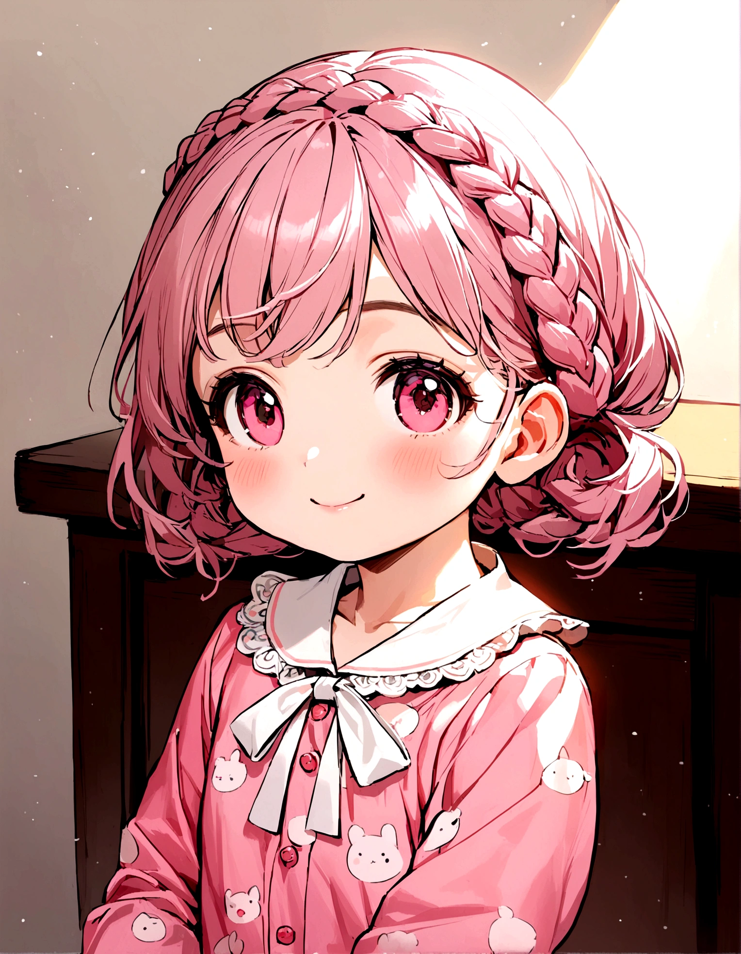 4 year old , with braid hairstyle, cute and kind smile, wearing pink pajamas with white details