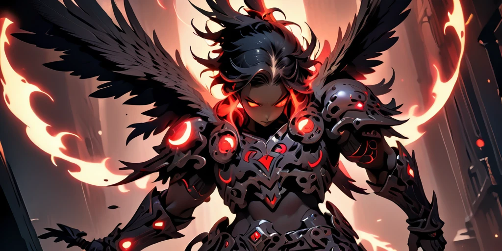 Ancient anime style, artbook, comicbook, RPG, futuristic medieval, steampunk.  A dark angel warrior, wearing medieval technological magic armor with glowing magic markings, dynamic pose, full body, human face with glowing magic tribal tattoos with red tones, angel features, black halo with glowing magic markings, magic red stone skin with glowing carved markings, glowing eyes, using a technological magic long spear with glowing magic circuits.  In a metropolis of a hellish kingdom with advanced technology, with tall buildings with neon details, mixing technology with magical vegetation, steampunk.  Wide scenery, cinematic scene with several layers of depth, dynamics, magical lighting.