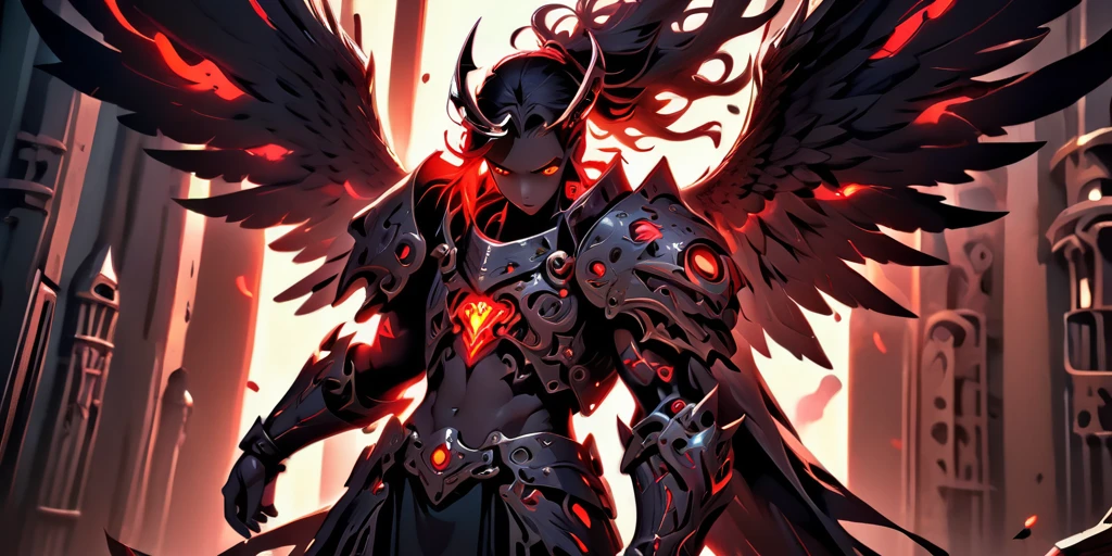 Ancient anime style, artbook, comicbook, RPG, futuristic medieval, steampunk.  A dark angel warrior, wearing medieval technological magic armor with glowing magic markings, dynamic pose, full body, human face with glowing magic tribal tattoos with red tones, angel features, black halo with glowing magic markings, magic red stone skin with glowing carved markings, glowing eyes, using a technological magic long spear with glowing magic circuits.  In a metropolis of a hellish kingdom with advanced technology, with tall buildings with neon details, mixing technology with magical vegetation, steampunk.  Wide scenery, cinematic scene with several layers of depth, dynamics, magical lighting.