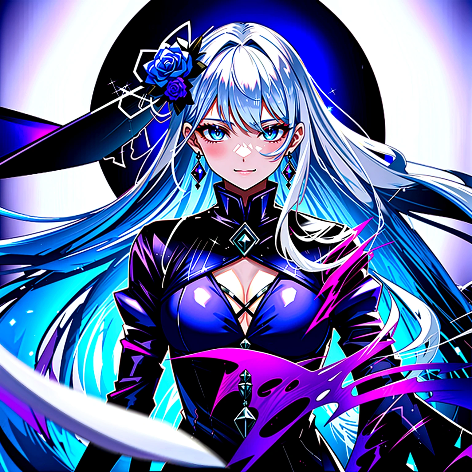 Guy, beautiful facial features, smile, squinted siren dark blue eyes without glare, silver and dark purple long hair with straight bang, fantasy black fit clothes with blue and purple elements, long black gloves, model, gorgeous, elegant, lots of silver jewelry, flowers in his hair, full body