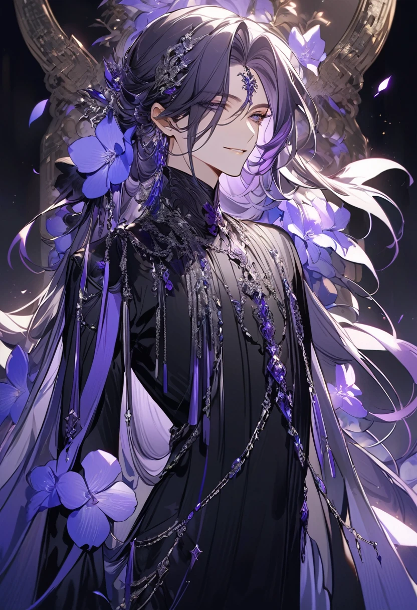 Feminine boy, soft womanish facial features, smile, squinted siren dark blue eyes without glare, silver and dark purple long loose hair with straight bang, fantasy black clothes with blue and purple elements, long black gloves, model, gorgeous, elegant, lots of silver jewelry, flowers in his hair, skinny body