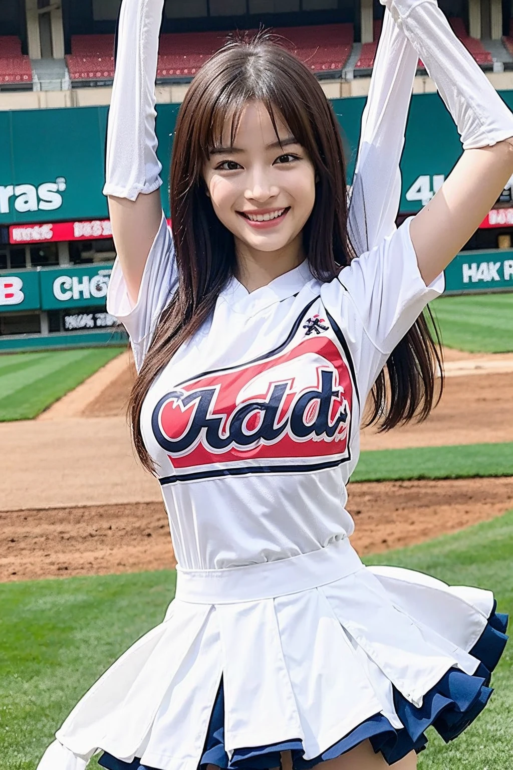 A beautiful Japanese girl、(Cheerleading Costumes),dance、White skin、Baseball stadium stands,Large Breasts、Separated chest、Bob Hair、smile、whole body、Thighs、