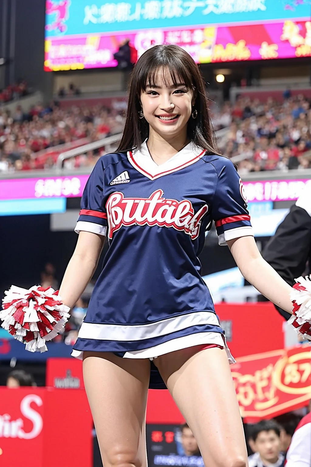 A beautiful Japanese girl、(Cheerleading Costumes),dance、White skin、Baseball stadium stands,Large Breasts、Separated chest、Bob Hair、smile、whole body、Thighs、