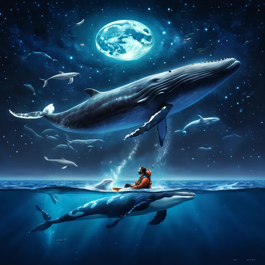 there is a man sitting on a boat with a whale and a whale, space magical whale,