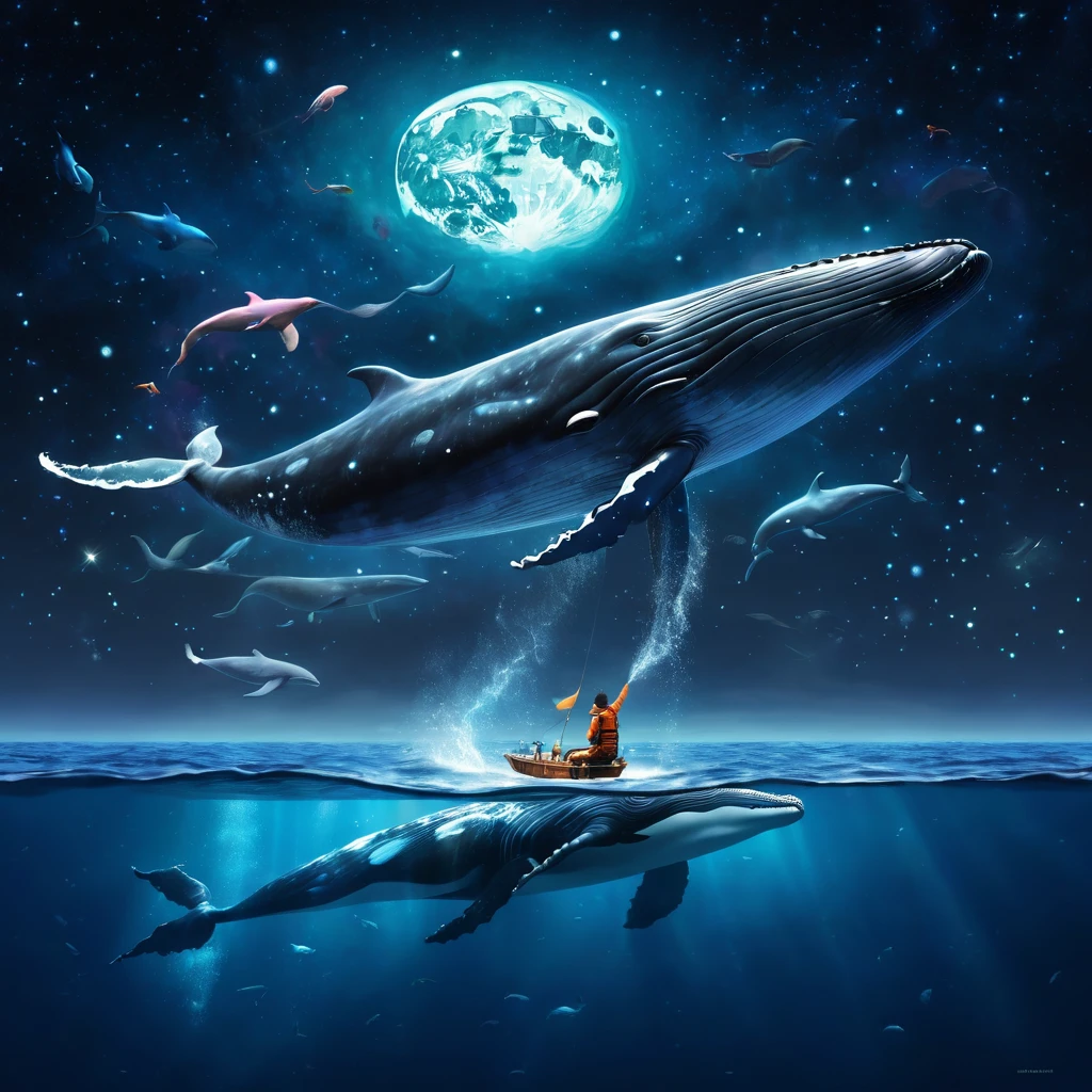 there is a man sitting on a boat with a whale and a whale, space magical whale, 