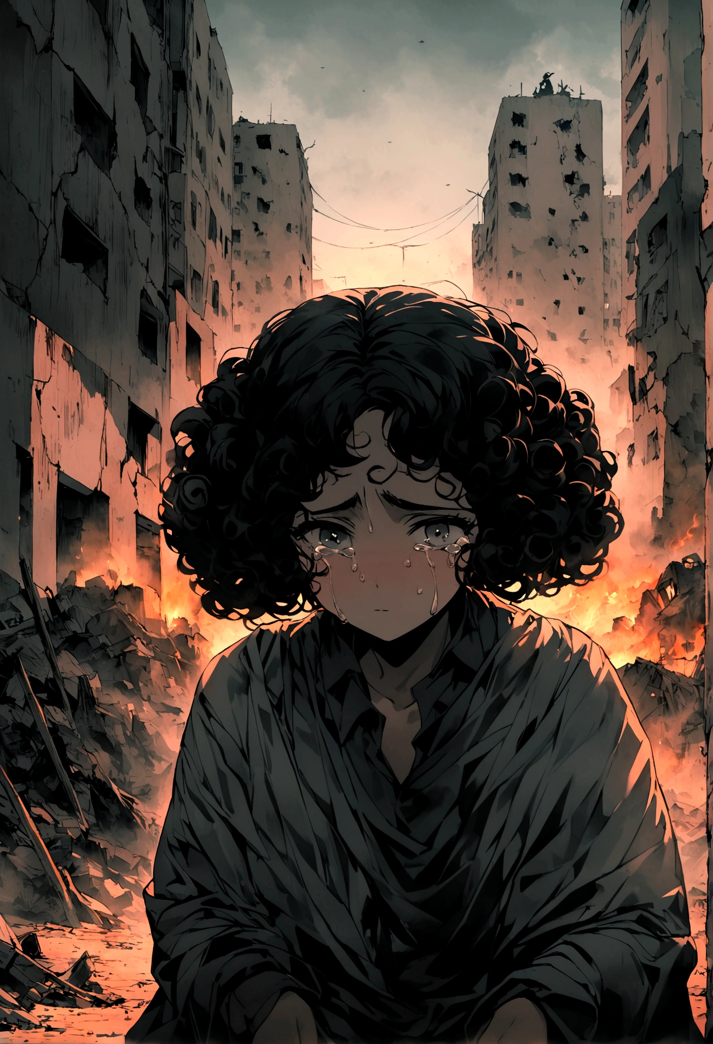 A surreal depiction of A , I sit sadly, hurt, (Eyes shedding tears, Face focuses on the camera), Feeling disturbed, Palestineي, Curly hair, Dusty face and fabric, (City in the background destroyed by fire, The human body on Earth, Some people cry, بكاء Palestineي, Palestine, Demolished buildings in Gaza), Very detailed, Vibrant colours, Black and gray shades, Very emotional pictures, Surrounded by billowing black smoke against a dark and haunting background. The image should be located in witch 16:Format 9.