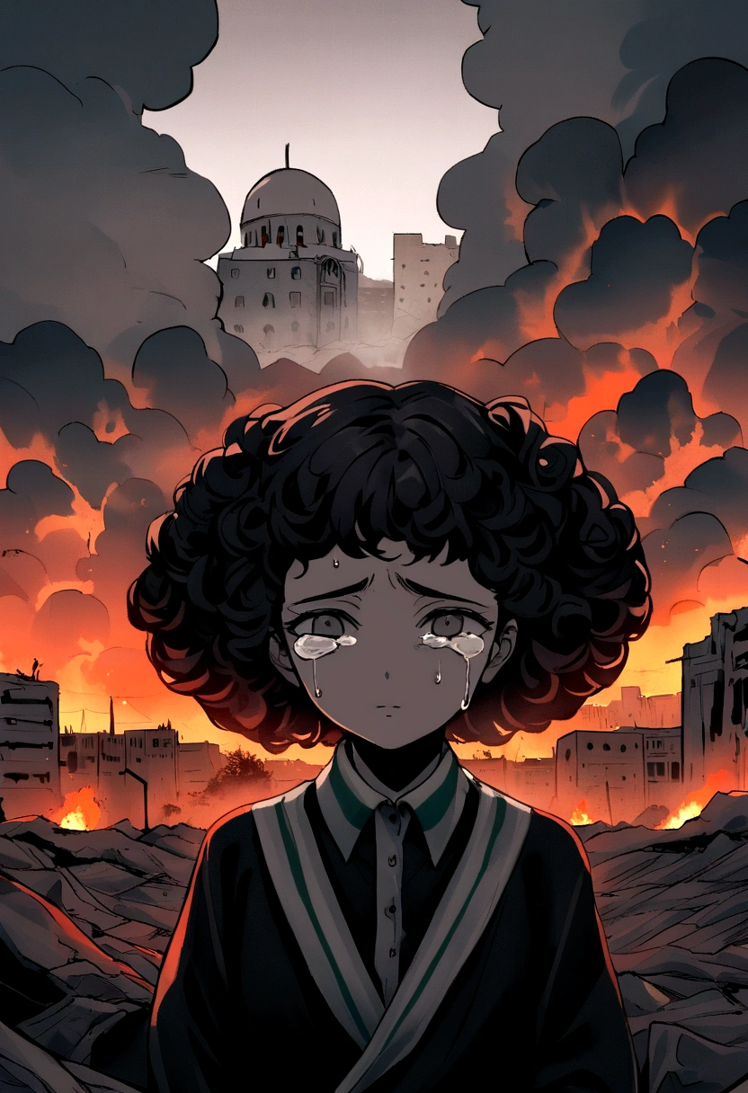 A surreal depiction of A , I sit sadly, hurt, (Eyes shedding tears, Face focuses on the camera), Feeling disturbed, Palestineي, Curly hair, Dusty face and fabric, (City in the background destroyed by fire, The human body on Earth, Some people cry, بكاء Palestineي, Palestine, Demolished buildings in Gaza), Very detailed, Vibrant colours, Black and gray shades, Very emotional pictures, Surrounded by billowing black smoke against a dark and haunting background. The image should be located in witch 16:Format 9.