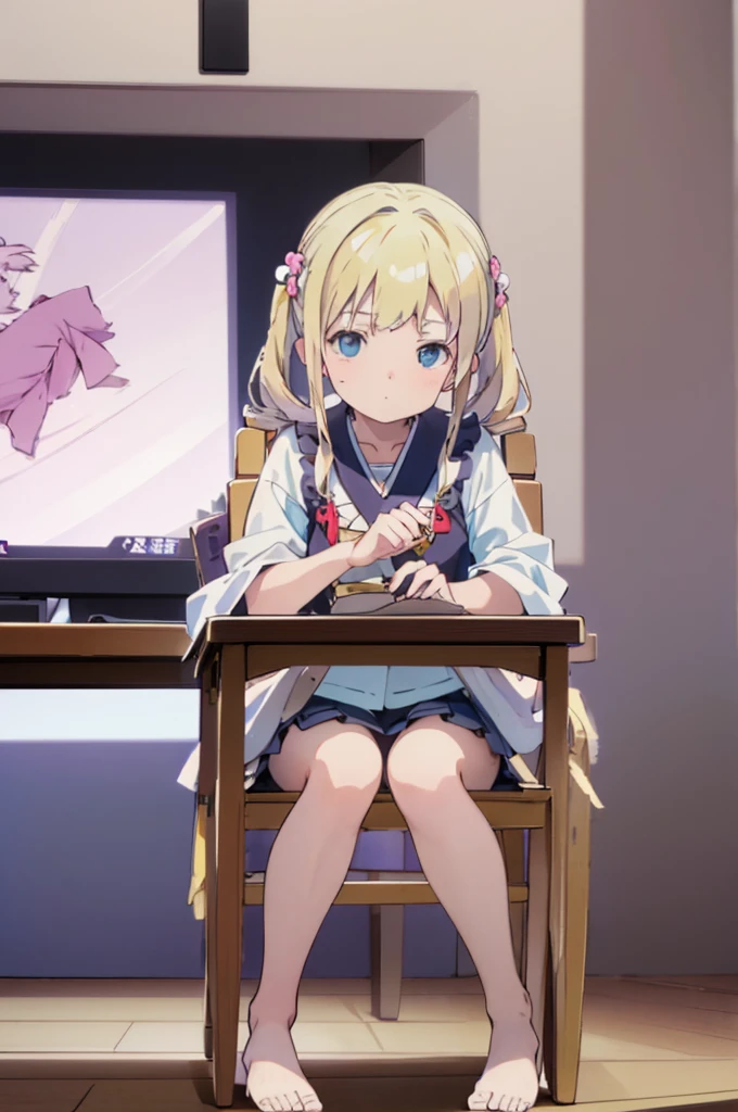 ((masterpiece))((Highest quality))Sitting in a chair、Blonde twin tails、(So that your whole body can be seen)、Directly in front、No background、(Put your feet on the ground)